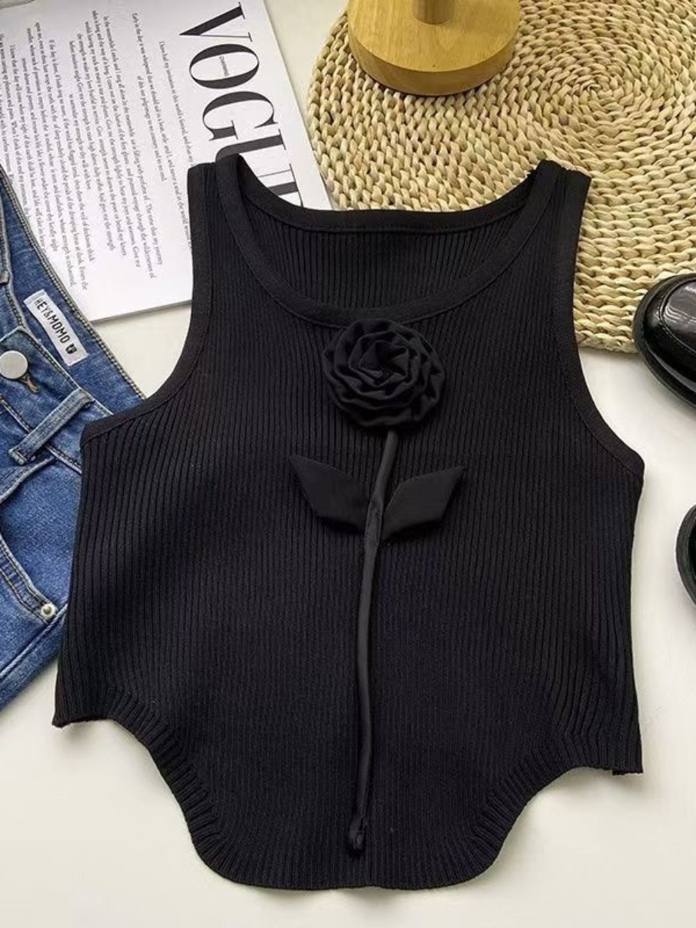 Black Ribbed Crop Tank with Rose Applique - Women